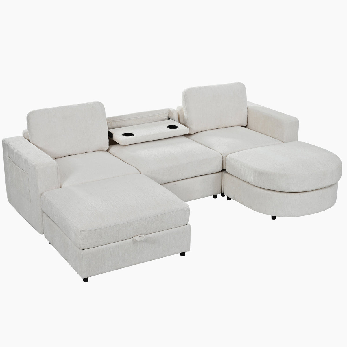 U-Style 102.4" U Shaped Sectional Sofa, Chenille Modular Couch with Curved Ottoman & Storage Ottoman, 3 Seater Sofa with Drop Down Console and 2 Cup Holders, Solid Pine Wood Frame for Living Room