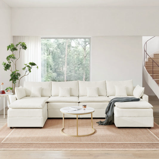 132" Cloud Modular Sectional Sofa, Deep Seat U Shaped Couch with Ottoman, Chenille Upholstered Sofa with Chaise, Plush Cushions, 6 Seat Modern Comfy Couch for Living Room & Apartment, Beige