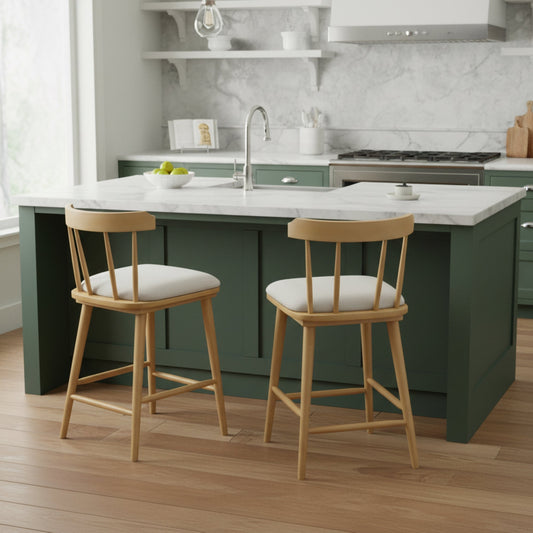 Olivia Indoor Wooden Upholstered Counter Stool, Natural Finish with Beige Upholstery, Windsor Style, Set of 2