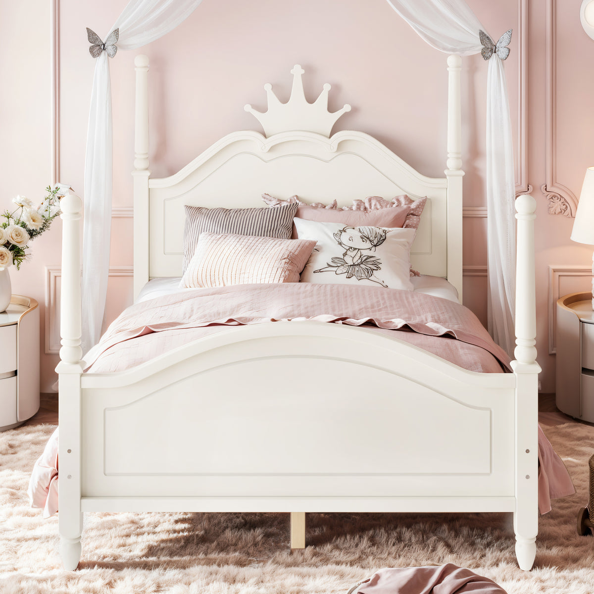 Full Size Crown Shaped Platform Bed, Four Poster Stylish Wooden Bed Frame, Elegant Curved Headboard Bed Frame For Bedroom,Beige