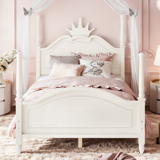 Full Size Crown Shaped Platform Bed, Four Poster Stylish Wooden Bed Frame, Elegant Curved Headboard Bed Frame For Bedroom,Beige