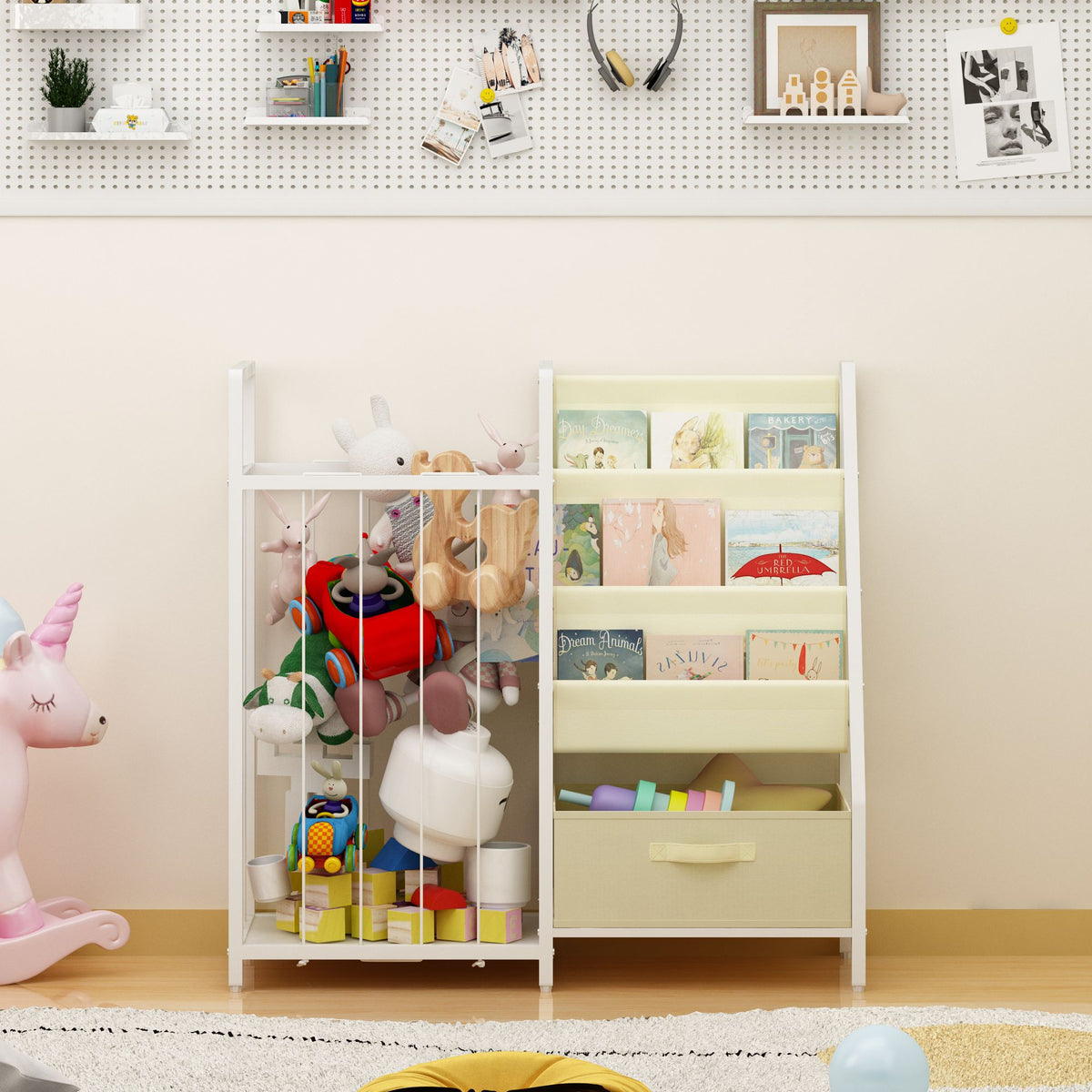 Kids Bookshelf and Toy Storage Organizer, Dual-Sided Children Bookshelf with Figure Display Storage and Book Sling Pockets, Toy Organizer for Playroom, Bedroom and Nursery