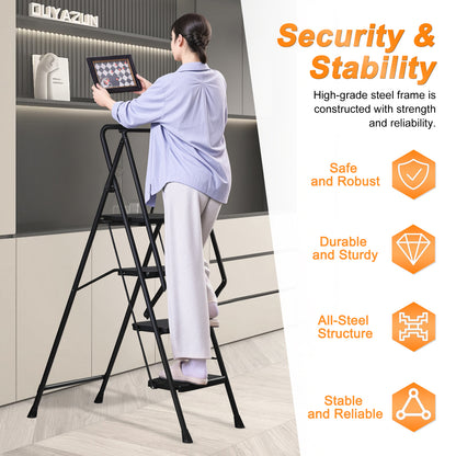 Four step ladder, lightweight folding four step stool, wide anti slip pedal and safety handle, sturdy steel ladder