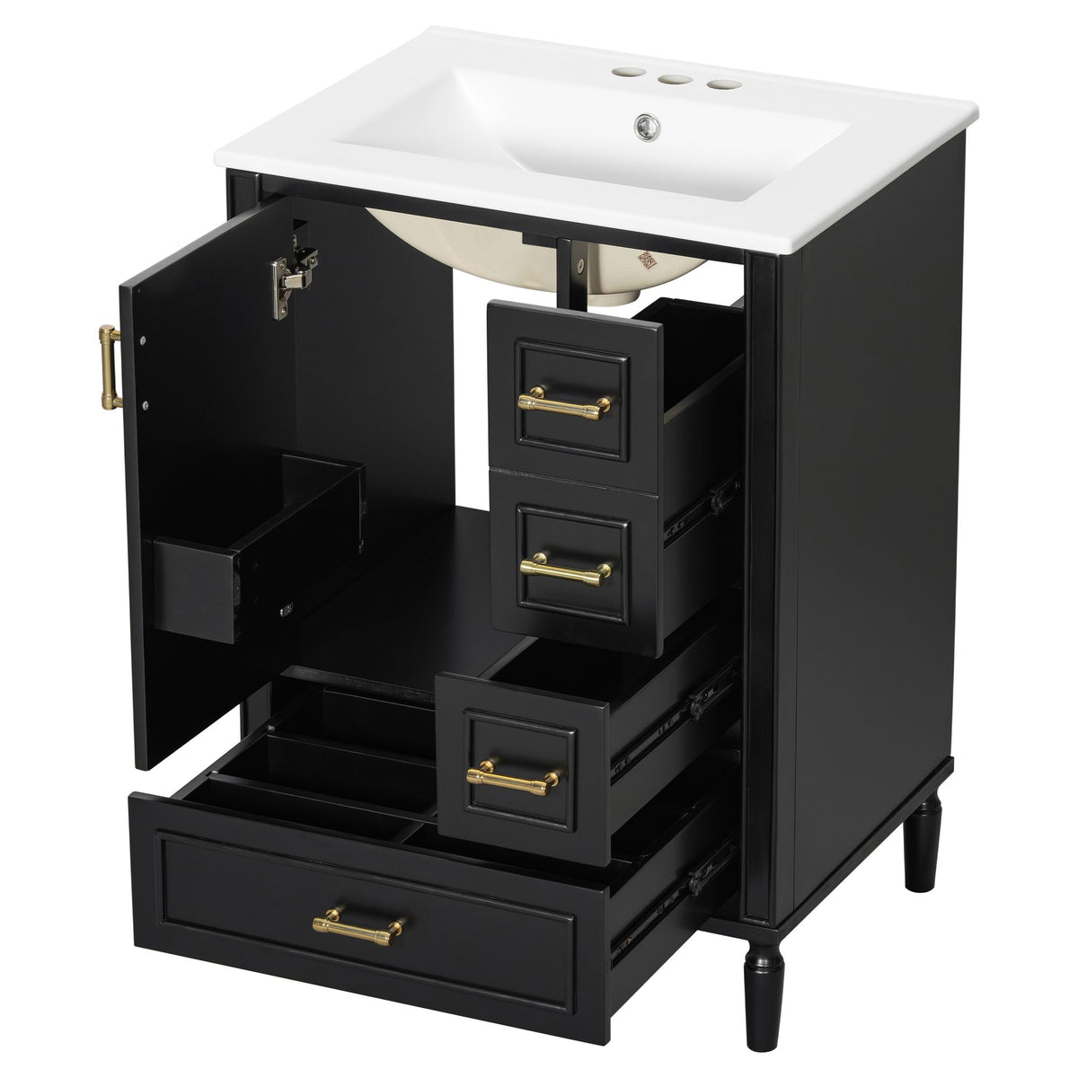 24' Modern Bathroom Vanity with Ceramic Sink, Soft-Close Door, 3 Drawers, Gold Handles, and Door-Mounted Rack for Space-Saving Storage(Old SKU:N729P373272B)