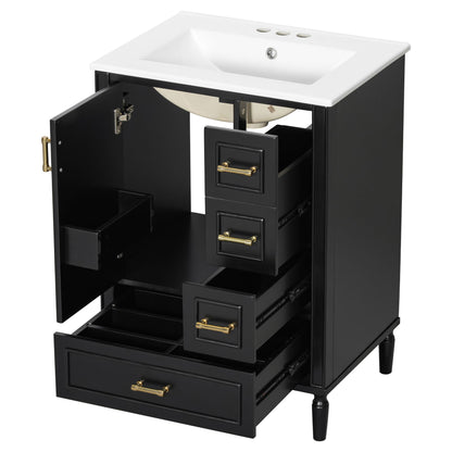 24' Modern Bathroom Vanity with Ceramic Sink, Soft-Close Door, 3 Drawers, Gold Handles, and Door-Mounted Rack for Space-Saving Storage(Old SKU:N729P373272B)