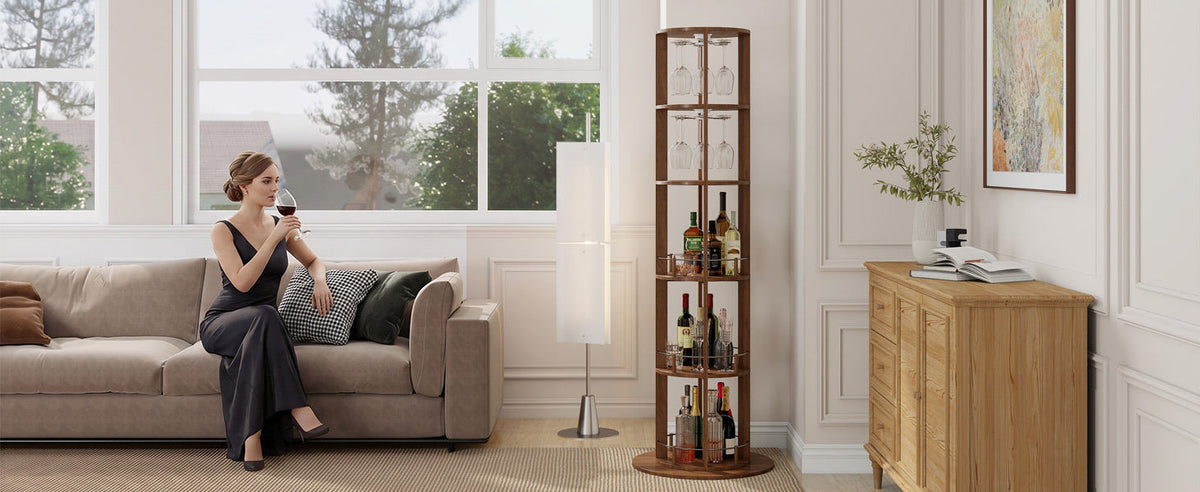73" Tall Round Wine Rack, Freestanding Wine Bar Cabinet With 360° Rotating Design Wine Glass Rack, 360° Smooth Rotation & Stable Base, 3-Tier Storage Shelf, MDF & Metal, Walnut