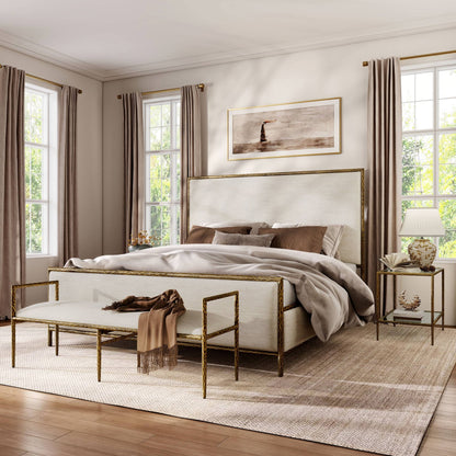 Contemporary Style 1pc Bench Matte Gold Hammered Look Forged Steel Fabric Cushion Seat Bedroom