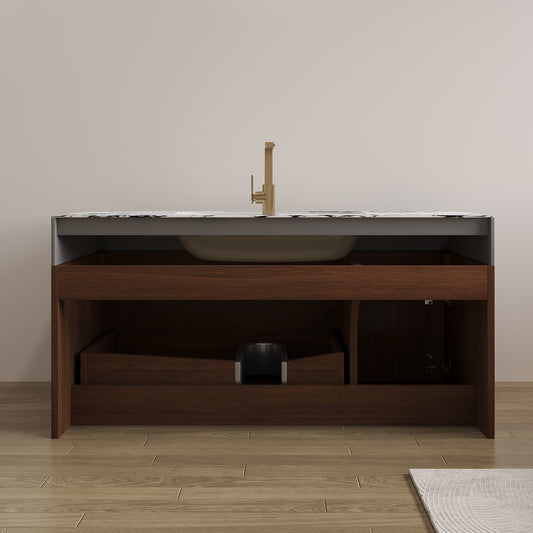 36" Floating Bathroom Vanity with Seamless Sintered Stone Top & Ceramic Basin – 1 Soft-Close Drawer + 1 Cabinet, Wall-Mounted