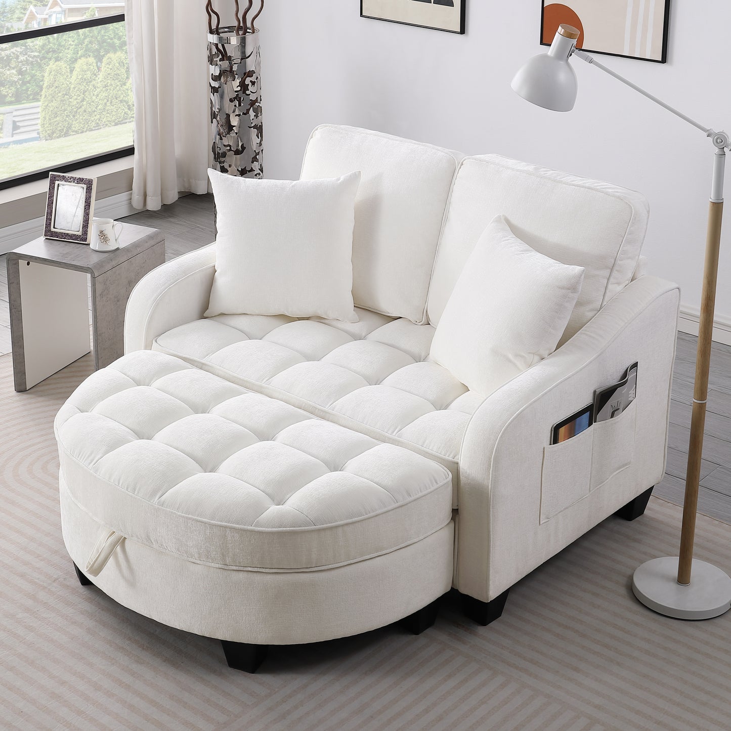 Two-seater sofa, double sofa chaise longue, with irregular armrests and backrests, footrest with storage space, comes with two small throw pillows, suitable for living room and bedroom - Beige