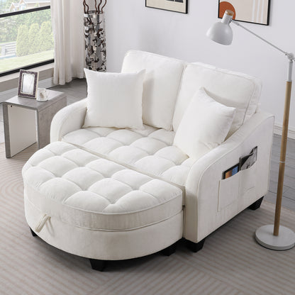 Two-seater sofa, double sofa chaise longue, with irregular armrests and backrests, footrest with storage space, comes with two small throw pillows, suitable for living room and bedroom - Beige