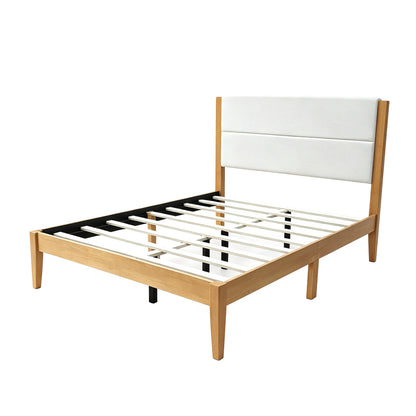 Mid-Century Modern Platform Bed Frame with Upholstered Headboard, Solid Wood Slat Support, No Box Spring Needed, Easy Assembly, Full Size, Natural
