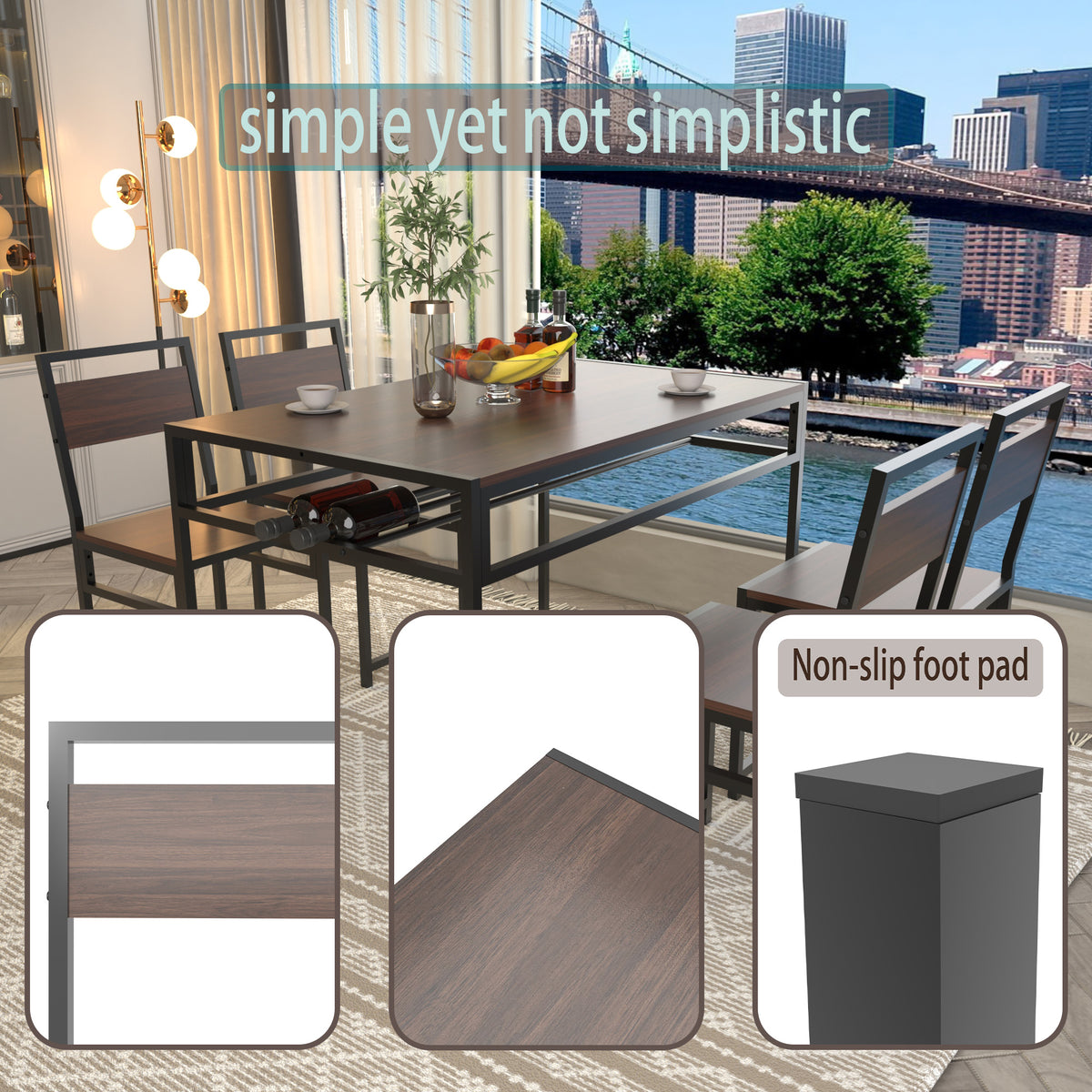4-Piece Rectangular Dining Table Set with 4 Chairs, Industrial Wood Grain Kitchen Table with Built-in Wine Storage Rack, Space Saving Metal Frame Dinner Furniture for Apartment Kitchen Dining Room