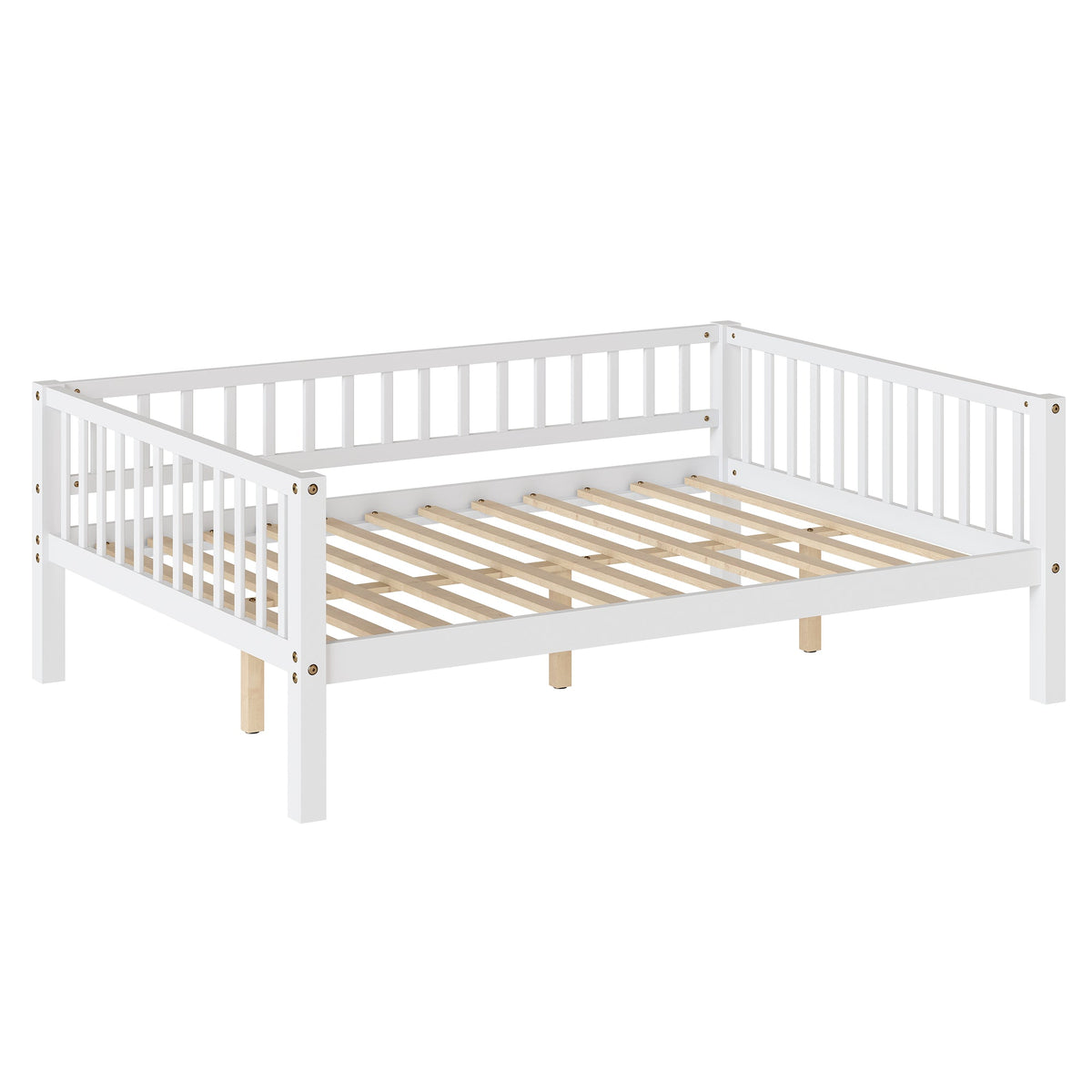Full Size Daybed, 3-Sided Vertical Slat Guardrail Bed Frame, Breathable Wooden Slat Support Leisure Bed for Home Bedroom,White