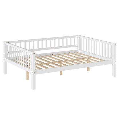 Full Size Daybed, 3-Sided Vertical Slat Guardrail Bed Frame, Breathable Wooden Slat Support Leisure Bed for Home Bedroom,White