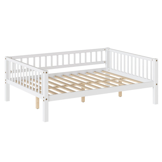 Full Size Daybed, 3-Sided Vertical Slat Guardrail Bed Frame, Breathable Wooden Slat Support Leisure Bed for Home Bedroom,White