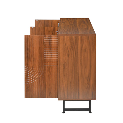 Mid-Century Modern Walnut Sideboard Buffet Cabinet, 59*16*33 inches Geometric Carved Storage Cabinet with Metal Legs, Multi-Purpose Credenza