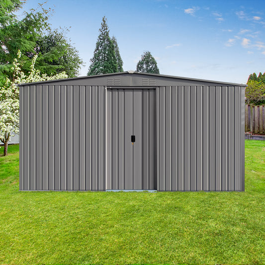 13×11ft New Outdoor Storage Shed Has Two Functions: Metal Shed And Firewood Shed  , More Suitable For Winter , Grey