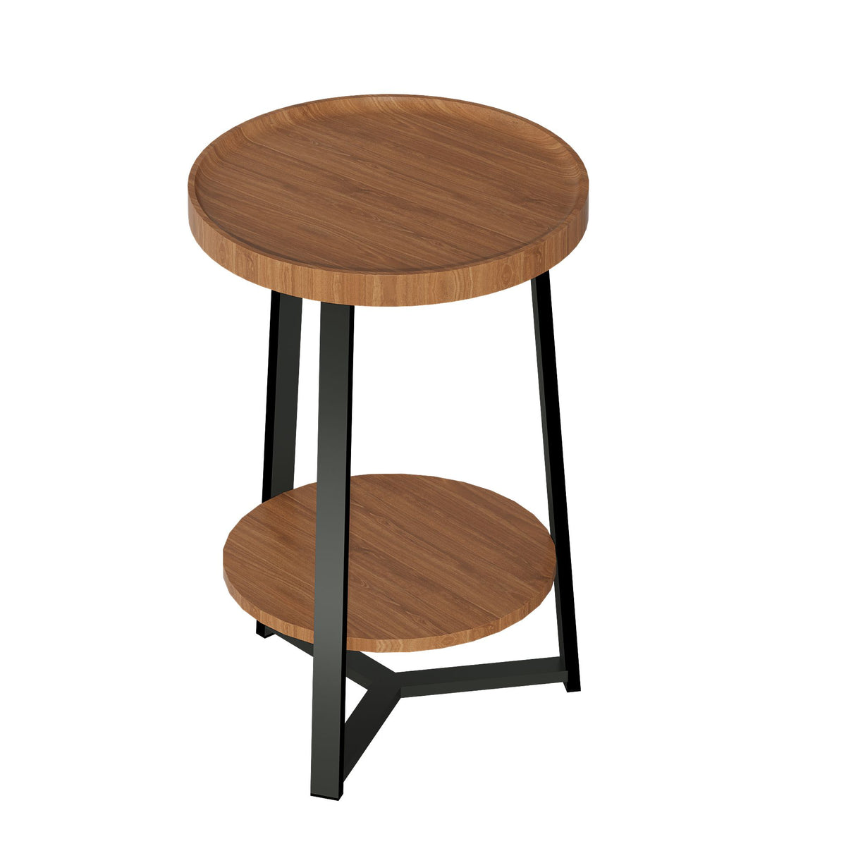 End Table with Storage, 2-Tier Small Round Side Table, Farmhouse Accent Table & Nightstand for Living Room, Bedroom & Small Spaces, Wood Top, Black Metal Frame, Brown
