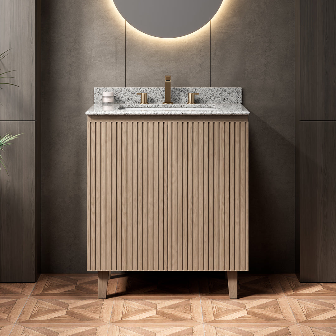DOIN 30' Bathroom Vanity&Sink,Freestanding Cabinet,Natural Granite Countertop&Ceramic Basin with 3 Pre-drilled Faucet Holes,Disassembled,NO Faucet,No Drain Set&Sink Cover, Heidelberg Woodgrain Color