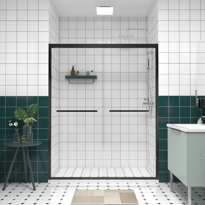 56-60'x74' Aluminum Frame Double Sliding Shower Door,Bypass Bathroom Sliding Door with Premium 1/4' (6mm) Clear Tempered Glass, Black Hardware Sliding Glass Shower Enclosure,Matte Black Finished