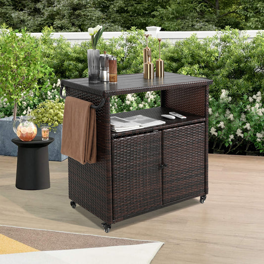Outdoor Wicker Bar Cart, Patio Wine Serving Cart w/Wheels – Model W640P175461