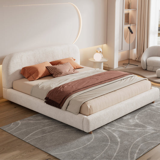 King Size Platform Bed with Boucle Fabric, Boucle Fabric Upholstered Platform Bed with Curve-Shaped Design Headboard, White, Easy Assembly
