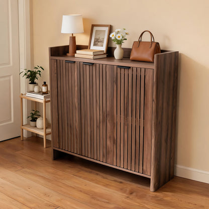 Walnut Entryway Shoe Storage Cabinet with Slatted Doors, Modern Wooden Hallway Console Table with Top Display Shelf, Mid-Century Accent Chest for Foyer, Living Room, and Mudroom Organization
