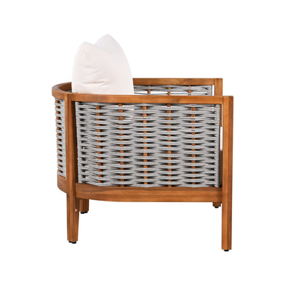 Outdoor Unique Tub Design Armchair with Woven Rope, Patio Furniture Acacia Wood Chair,  Deep Seating with Soft Cushions for Porch, Garden, Backyard, Balcony, Teak Finish & Beige Cushion