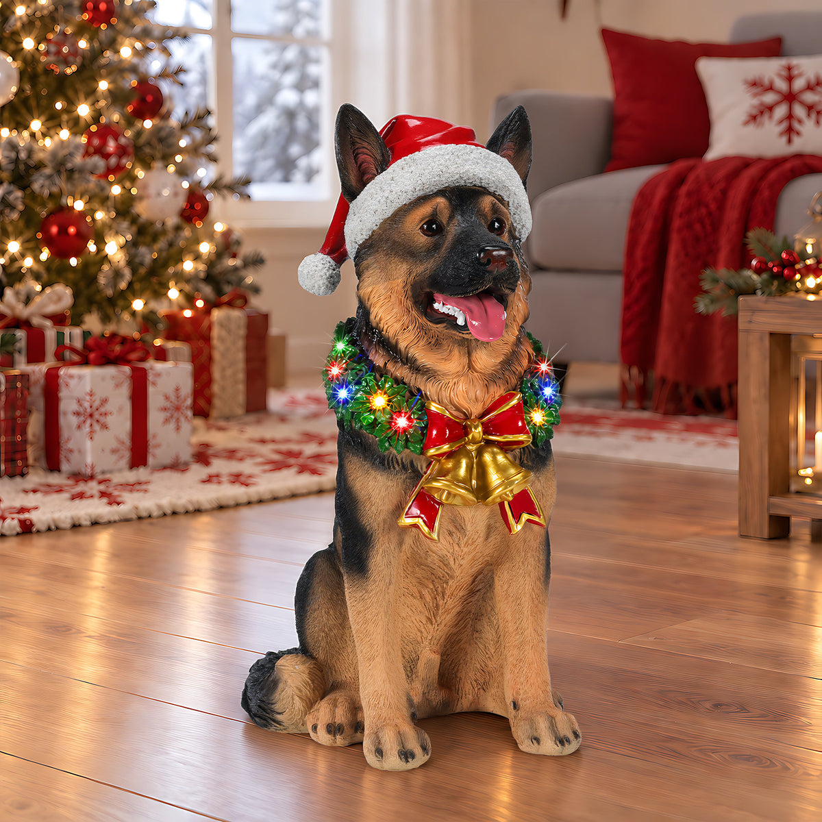 Lighted Christmas German Shepherd Dog Statue, Santa Hat Puppy Figurine with LED Wreath and Bells