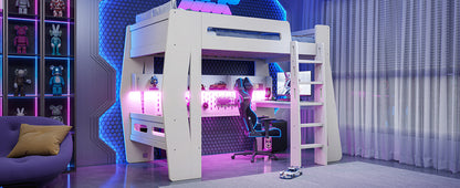 Twin/Full Size Gaming Loft Bed, All-in-One Gaming Bed with Desk, Gaming Bed with Storage, Gaming Loft Bed with Led Light, Esports Style Loft Bed Frame for Teens, Space Saving Loft bed.Beige