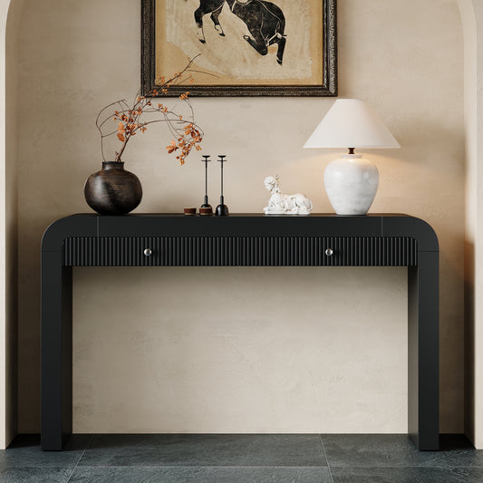 TREXM Rustic Console Table with Fluted Drawer Front, Entryway Table with Curved Corners & Thick Legs, Sturdy Sofa Table for Hallway & Living Room (Black)