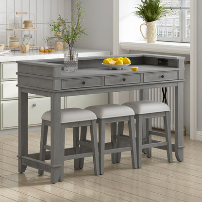 TREXM 4-Piece Dining Table Set for 3, Retro Kitchen Table and Chairs Set with 3 Storage Drawers, Ideal for Small Spaces (Light Grey)