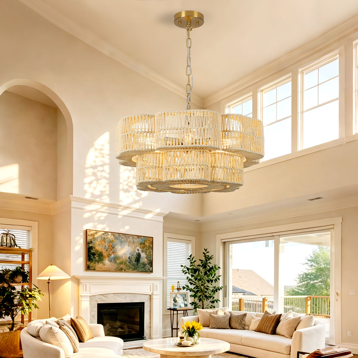 21.65" 2-Tier Gold Paper Rope Chandelier, 6xE26 Max 60W Pendant Light with Adjustable Hanging Chain