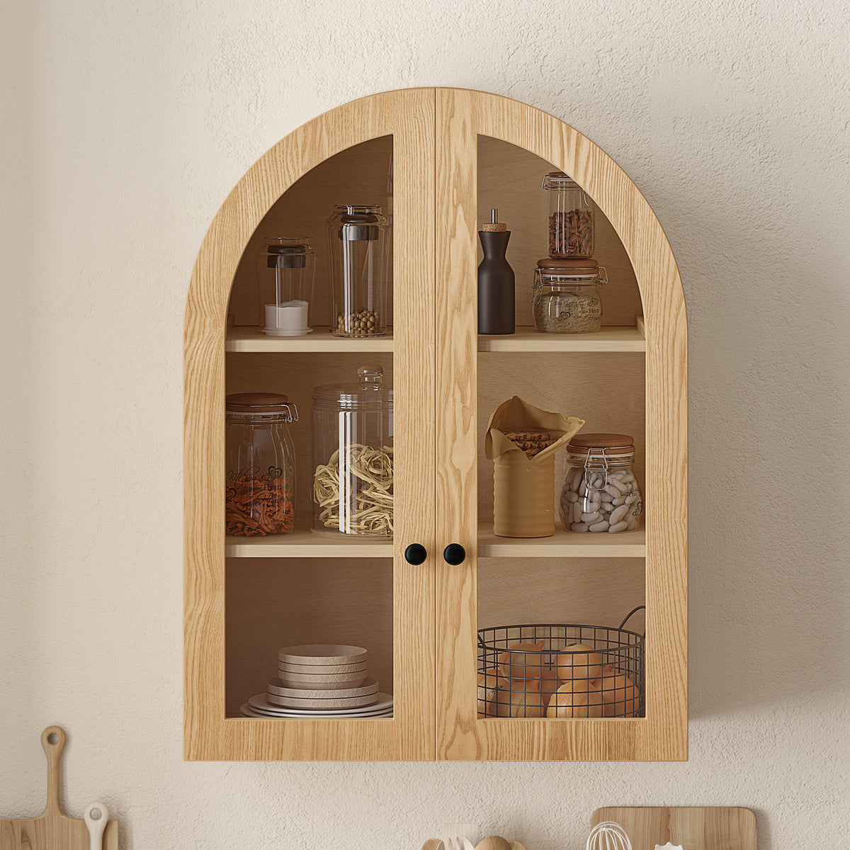 Arched Wall Mounted Cabinet, Wood Veneer Wall Storage Cabinet with Tempered Glass Doors, Adjustable Shelf, Easy Hanging Hardware Included, Decorative Floating Wall Cabinet for Bathroom Living Room