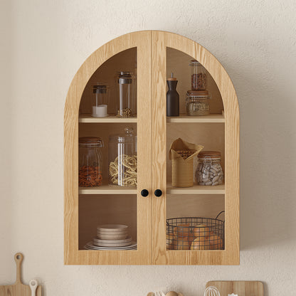 Arched Wall Mounted Cabinet, Wood Veneer Wall Storage Cabinet with Tempered Glass Doors, Adjustable Shelf, Easy Hanging Hardware Included, Decorative Floating Wall Cabinet for Bathroom Living Room
