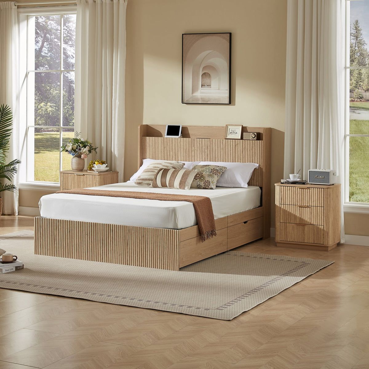 Queen Size Platform Bed Frame with 4 Storage Drawers and Built-in Charging Station, Wooden Storage Box Bed, Large Capacity Organizer Bed Frame for Bedroom,Natural