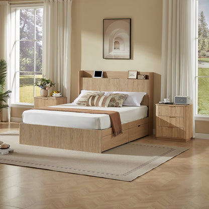 Queen Size Platform Bed Frame with 4 Storage Drawers and Built-in Charging Station, Wooden Storage Box Bed, Large Capacity Organizer Bed Frame for Bedroom,Natural