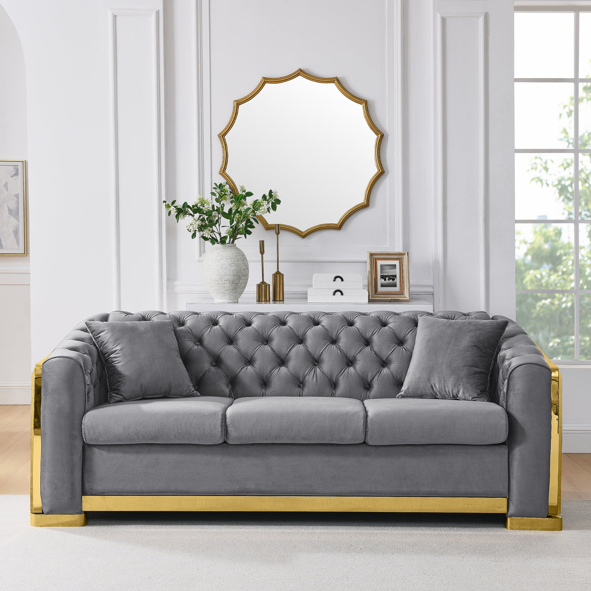 84' Velvet Button Tufted Luxury Sofa with Gold Stainless Steel Decoration, Mid Century Modern Chesterfield Couch for Living Room with 2 Pillows, Gray