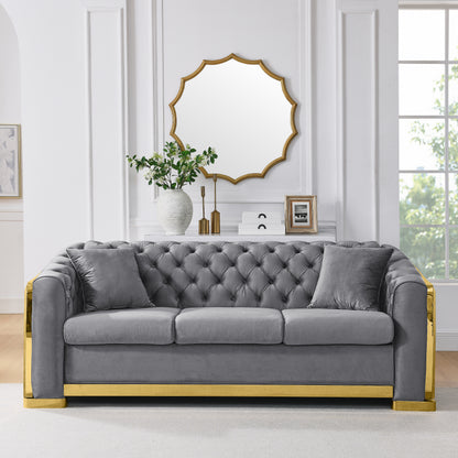 84' Velvet Button Tufted Luxury Sofa with Gold Stainless Steel Decoration, Mid Century Modern Chesterfield Couch for Living Room with 2 Pillows, Gray