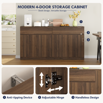 63.1" Sideboard Buffet Cabinet with Storage,Large Kitchen Storage Cabinet with 2 Drawers and 4 Doors, Wood Coffee Bar Buffet Table for Kitchen Dining Room, Walnut