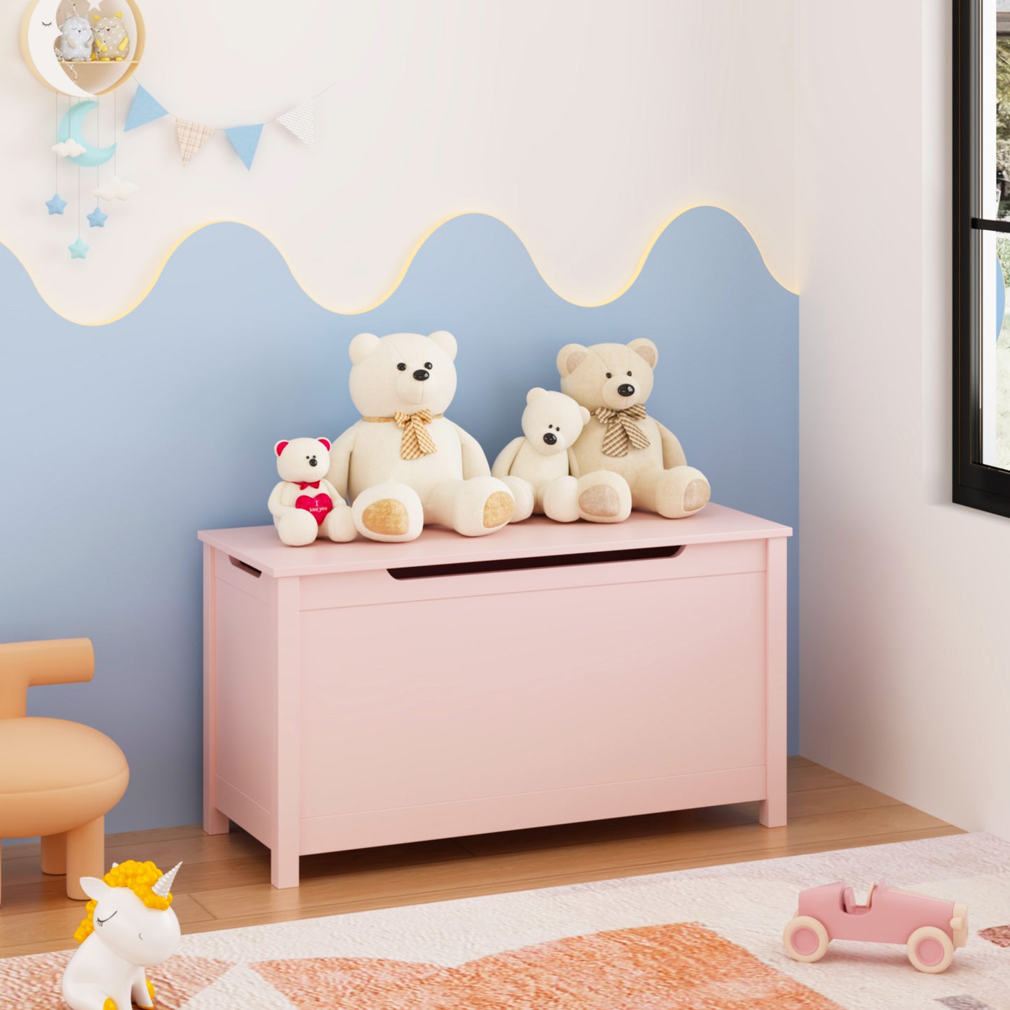 Kids Wooden Toy Box Storage with Safety Hinged Lid for Ages 2+ (Pink)