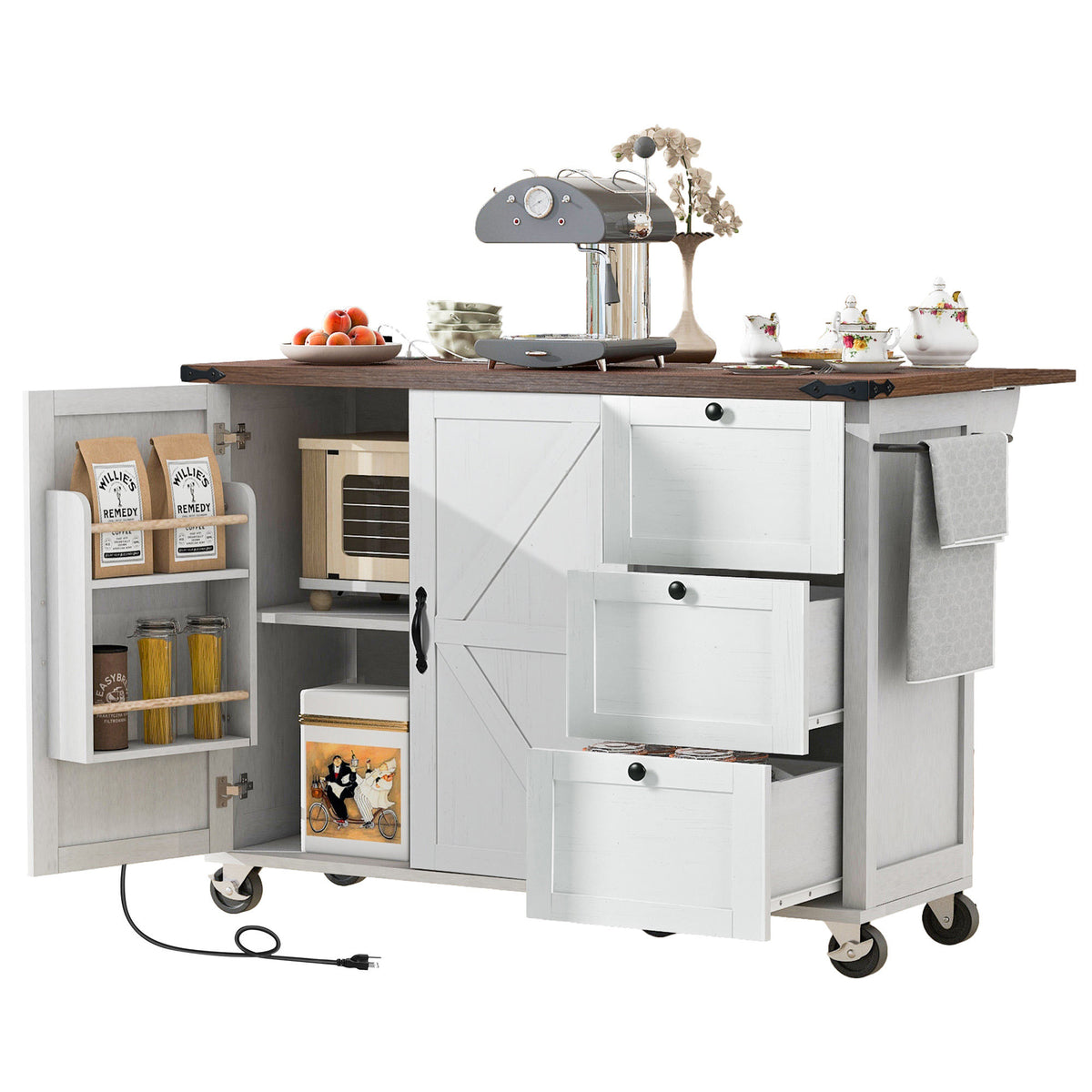 K&K 54.5" Farmhouse Kitchen Island with Power Outlet, Kitchen Storage Island with Internal Storage Rack, Drop Leaf, Spice Rack