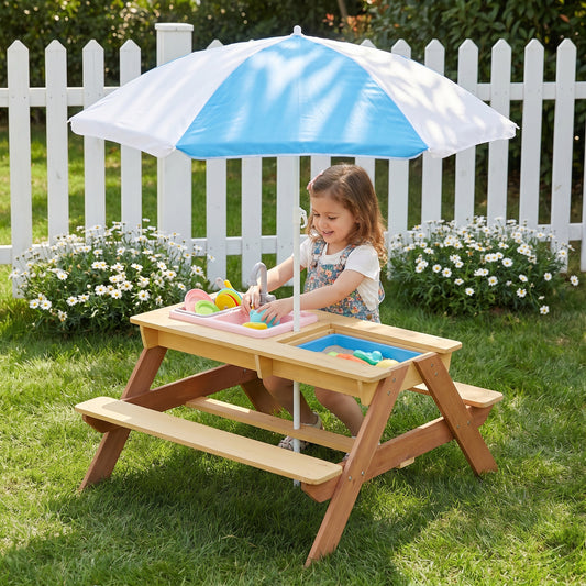 Wooden Kids Picnic Table, Sand and Water Table with Umbrella, Activity Table for Outdoor Backyard Patio Play