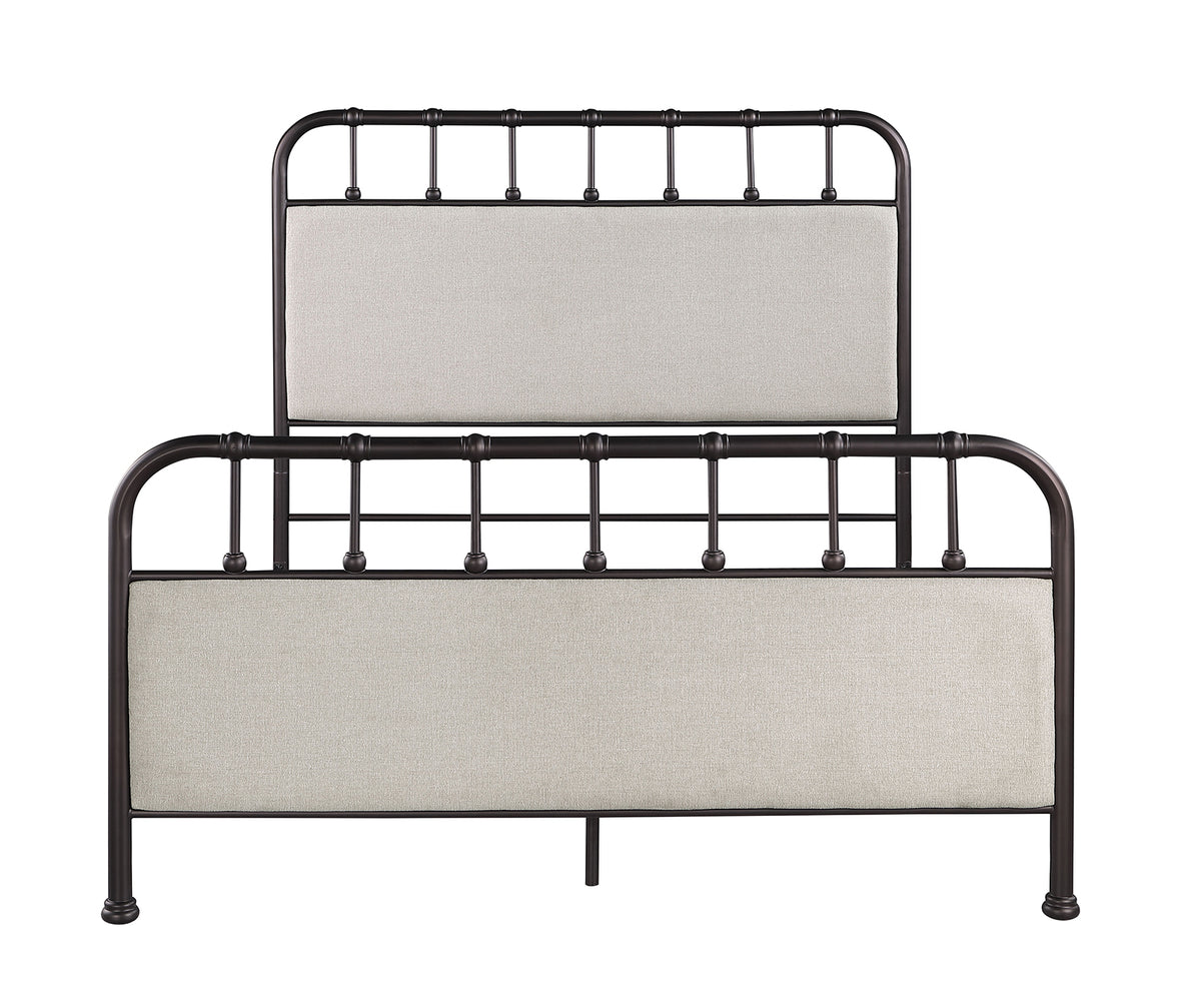 Industrial Style 1pc Queen Size Bed Rustic Curved Edges Metal Frame Fabric Upholstered HB FB, Dark Copper