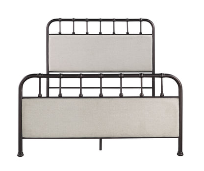 Industrial Style 1pc Queen Size Bed Rustic Curved Edges Metal Frame Fabric Upholstered HB FB, Dark Copper