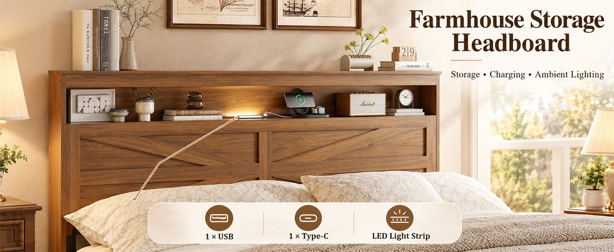 Queen size bed frame headboard with LED lights and charging station cushion platform bed frame, large bed, with headboard and hidden storage space, no box spring required, Antique,Brown