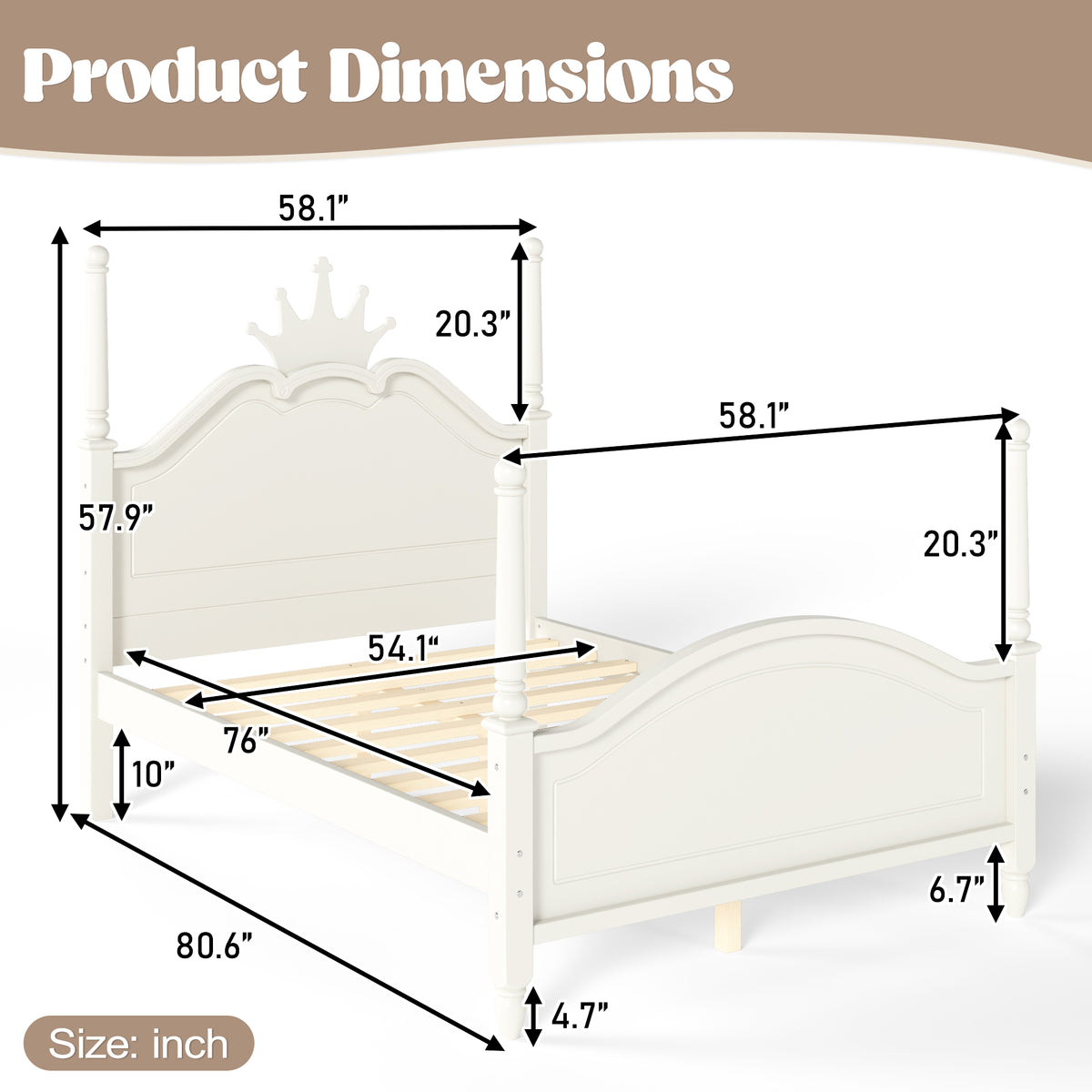 Full Size Crown Shaped Platform Bed, Four Poster Stylish Wooden Bed Frame, Elegant Curved Headboard Bed Frame For Bedroom,Beige