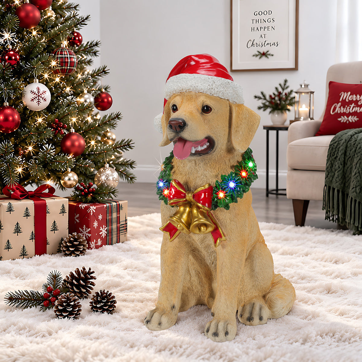 Lighted Christmas Labrador Retriever Dog Statue, Santa Hat Puppy Figurine with LED Wreath and Bells