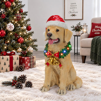 Lighted Christmas Labrador Retriever Dog Statue, Santa Hat Puppy Figurine with LED Wreath and Bells