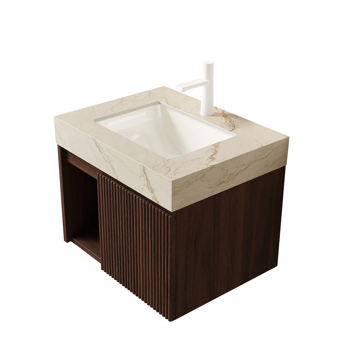 EIDEN 24"  Bathroom Vanity&Sink,Floating Storage Cabinet, Cream Gold Vein Sintered Stone Top&Ceramic Basin with 1 Pre-drilled Faucet Hole,Disassembled, NO Faucet and Drain Set, Walnut Woodgrain Color